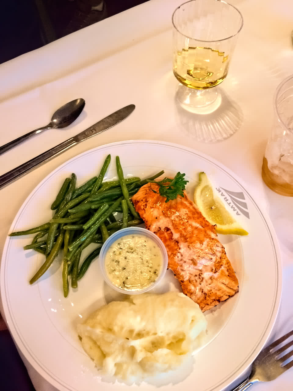 Salmon and White Wine in the dining car.