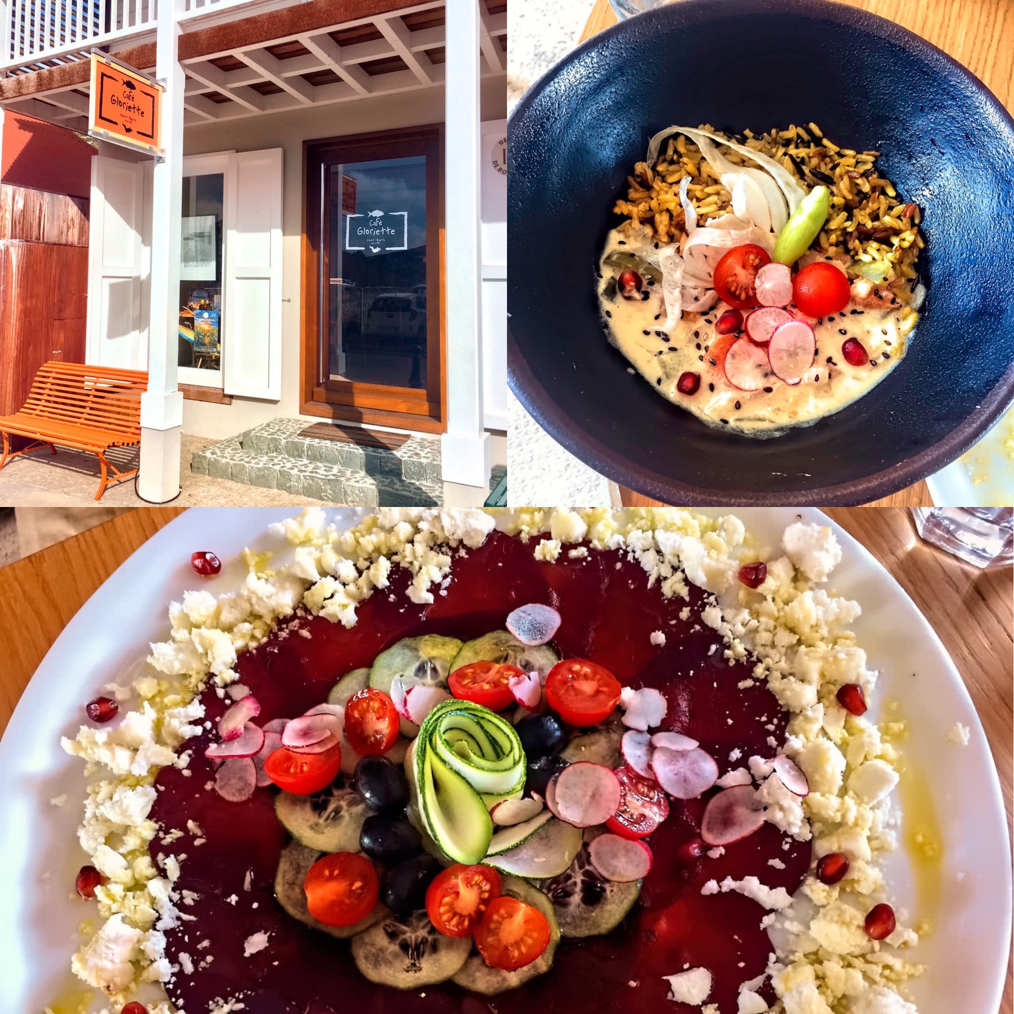 Entrance to Café Gloriette, Thai Vegetable Curry, and Beet Carpaccio