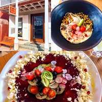 Entrance to Café Gloriette, Thai Vegetable Curry, and Beet Carpaccio